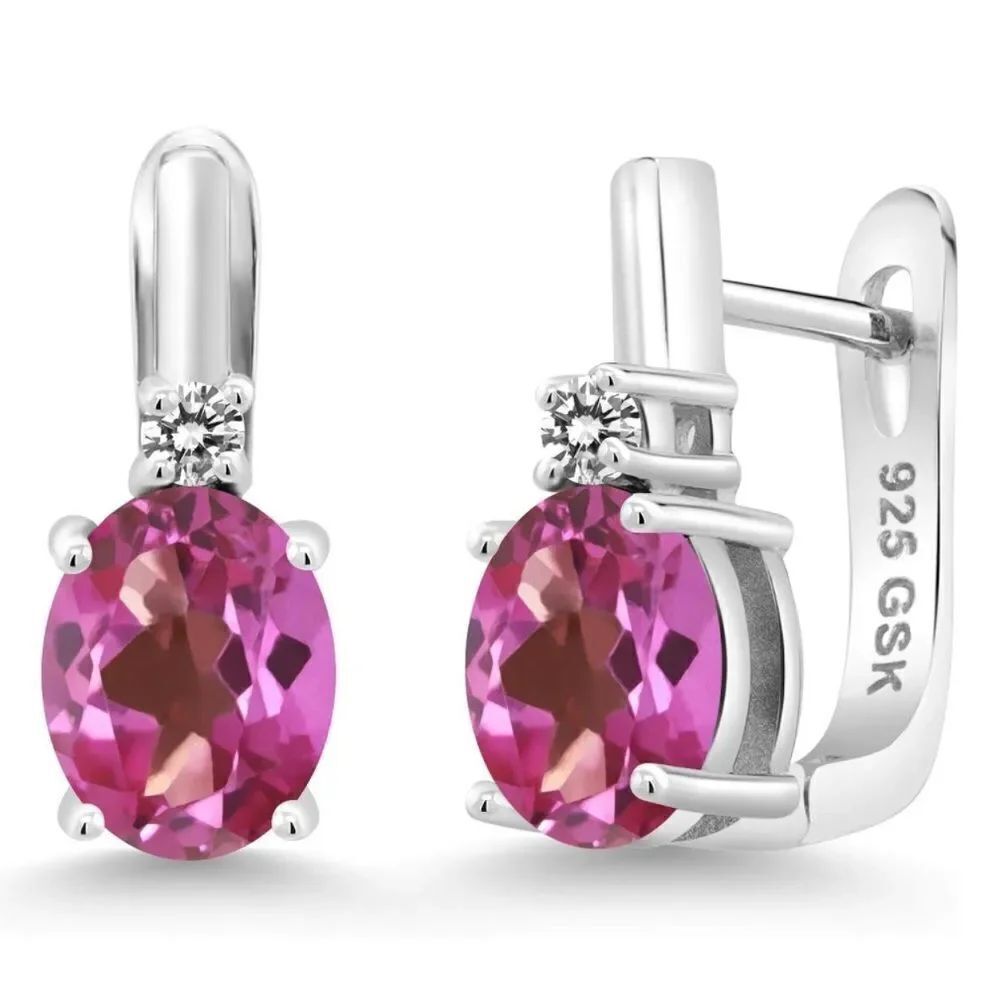 925 Sterling Silver with 4.73 Cttw Pink Mystic Topaz and White Diamond Earrings